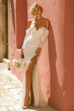 Ivory Off The Shoulder Mermaid Long Sleeves Wedding Dress with Slit