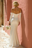 Ivory Off The Shoulder Mermaid Long Sleeves Wedding Dress with Slit