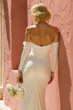 Ivory Off The Shoulder Mermaid Long Sleeves Wedding Dress with Slit