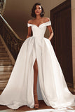 White A Line Off The Shoulder Ruched Long Wedding Dress with Slit