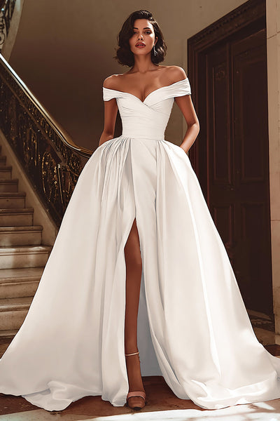 White A Line Off The Shoulder Ruched Long Wedding Dress with Slit