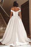 White A Line Off The Shoulder Ruched Long Wedding Dress with Slit