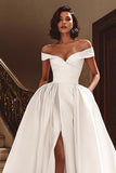 White A Line Off The Shoulder Ruched Long Wedding Dress with Slit