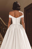 White A Line Off The Shoulder Ruched Long Wedding Dress with Slit