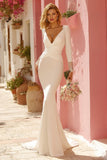 White Mermaid V-Neck Appliqued Long Wedding Dress with Sleeves