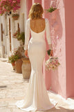 White Mermaid V-Neck Appliqued Long Wedding Dress with Sleeves