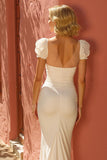 Elegant Ivory Mermaid V-Neck Long Wedding Dress with Slit