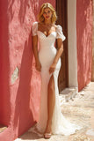 White Mermaid Sweetheart Puff Sleeves Long Wedding Dress with Slit