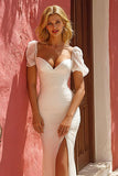 White Mermaid Sweetheart Puff Sleeves Long Wedding Dress with Slit
