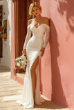 White Mermaid Off The Shoulder Long Sleeves Wedding Dress with Slit