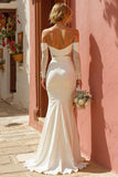 White Mermaid Off The Shoulder Long Sleeves Wedding Dress with Slit