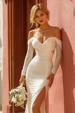 White Mermaid Off The Shoulder Long Sleeves Wedding Dress with Slit