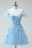 Off The Shoulder Sky Blue A-Line Appliqued Mini Homecoming Dress
