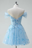 Off The Shoulder Sky Blue A-Line Appliqued Mini Homecoming Dress