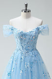 Off The Shoulder Sky Blue A-Line Appliqued Mini Homecoming Dress