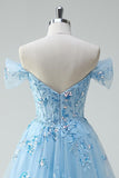Off The Shoulder Sky Blue A-Line Appliqued Mini Homecoming Dress