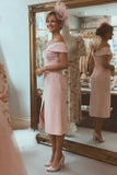 Blush Pink Off the Shoulder Sheath Appliqued Mother of the Bride Dress with Slit