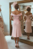 Blush Pink Off the Shoulder Sheath Appliqued Mother of the Bride Dress with Slit