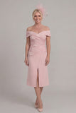 Blush Pink Off the Shoulder Sheath Appliqued Mother of the Bride Dress with Slit
