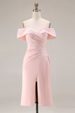 Blush Pink Off the Shoulder Sheath Appliqued Mother of the Bride Dress with Slit