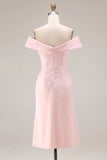 Blush Pink Off the Shoulder Sheath Appliqued Mother of the Bride Dress with Slit