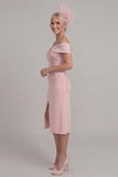 Blush Pink Off the Shoulder Sheath Appliqued Mother of the Bride Dress with Slit