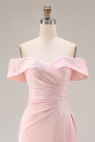 Blush Pink Off the Shoulder Sheath Appliqued Mother of the Bride Dress with Slit
