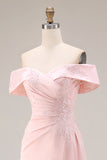 Blush Pink Off the Shoulder Sheath Appliqued Mother of the Bride Dress with Slit