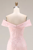 Blush Pink Off the Shoulder Sheath Appliqued Mother of the Bride Dress with Slit