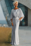 Silver Boat Neck Sheath Maxi Mother Of The Bride Dress