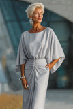 Silver Boat Neck Sheath Maxi Mother Of The Bride Dress