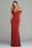 Off The Shoulder Sheath Terracotta Ruched Formal Dress