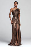 Brown One Shoulder Metallic Sheath Long Prom Dress with Slit