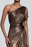 Brown One Shoulder Metallic Sheath Long Prom Dress with Slit