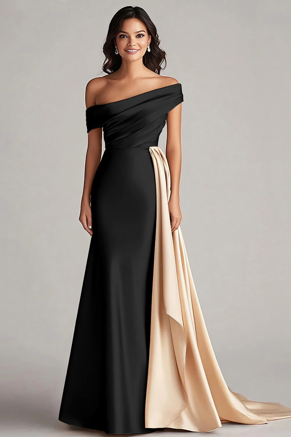 WEDTREND Women Black and White Formal Dress Mermaid Off The Shoulder Sleeveless Long Gala Dress with Sash, Black and Champagne / US20W