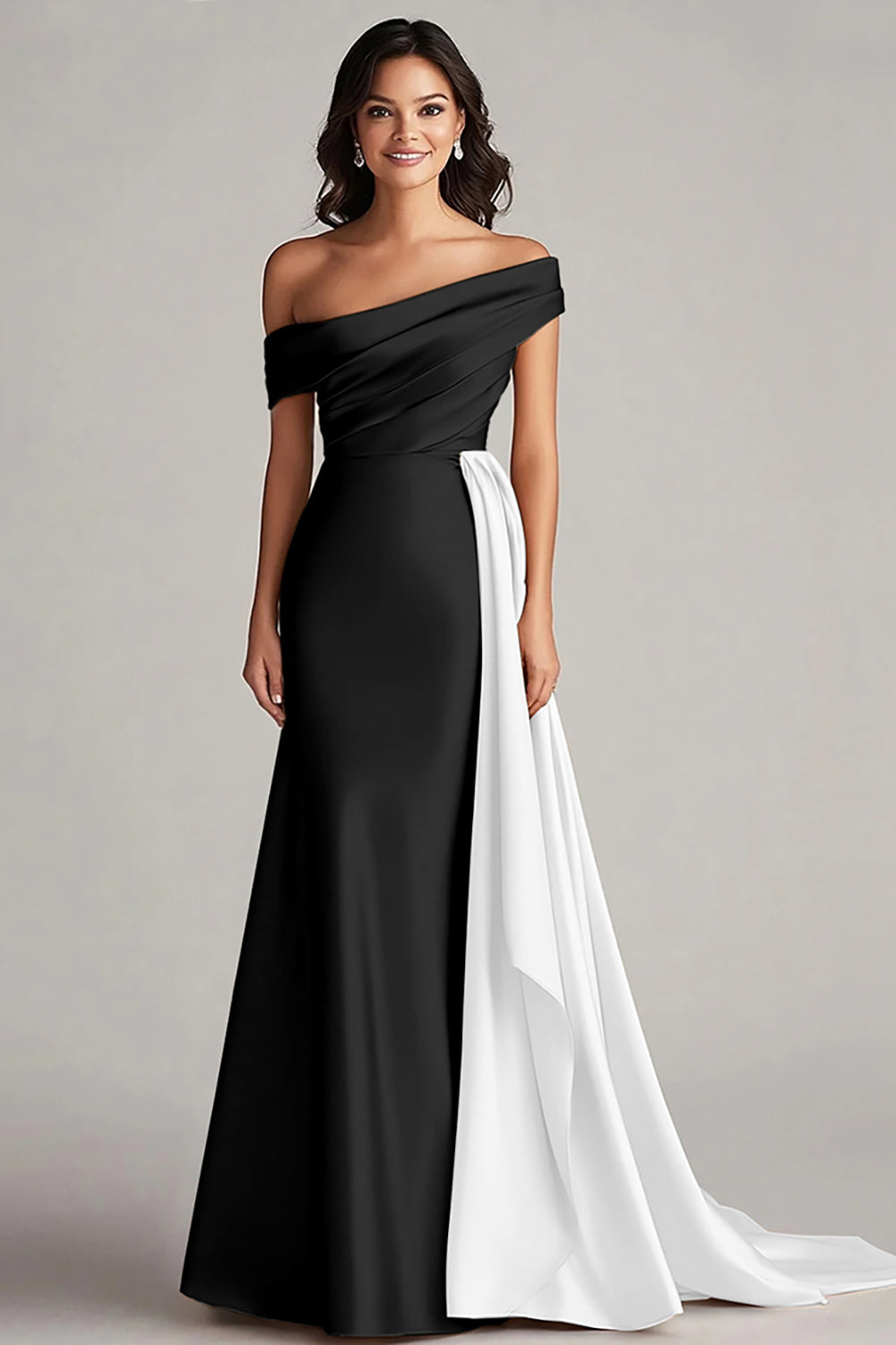 WEDTREND Women Black and White Formal Dress Mermaid Off The Shoulder Sleeveless Long Gala Dress with Sash, Black and White / US16W