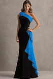 Black and Blue Mermaid One Shoulder Ruffled Formal Dress with 3D Flower
