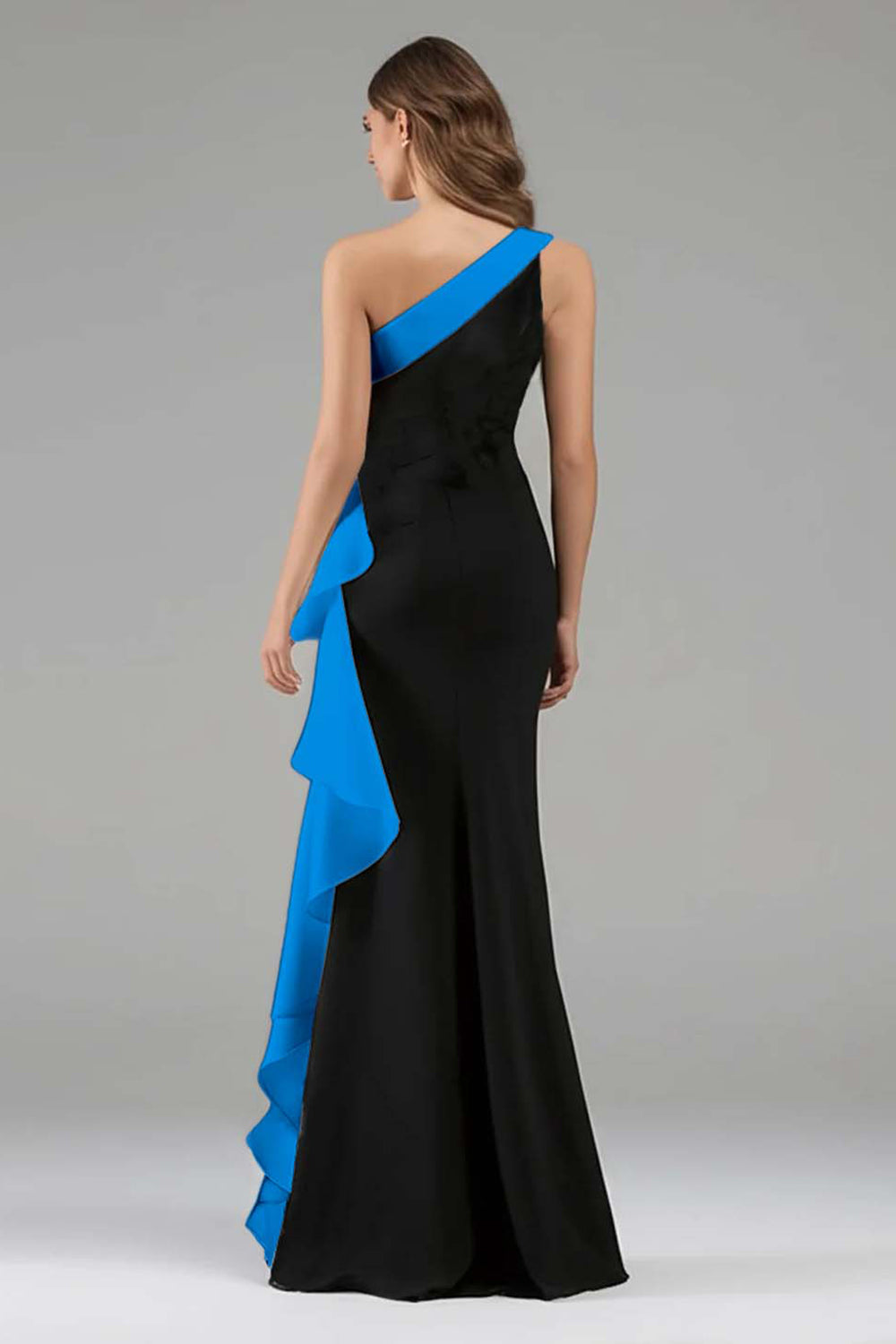 blue and black semi formal dresses Zapaka Women One Shoulder Formal Dress Mermaid Black and Blue Long Evening Dress With Ruffles, Black and Light Blue / US8