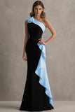 Black and Blue Mermaid One Shoulder Ruffled Formal Dress with 3D Flower