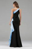 Black and Blue Mermaid One Shoulder Ruffled Formal Dress with 3D Flower