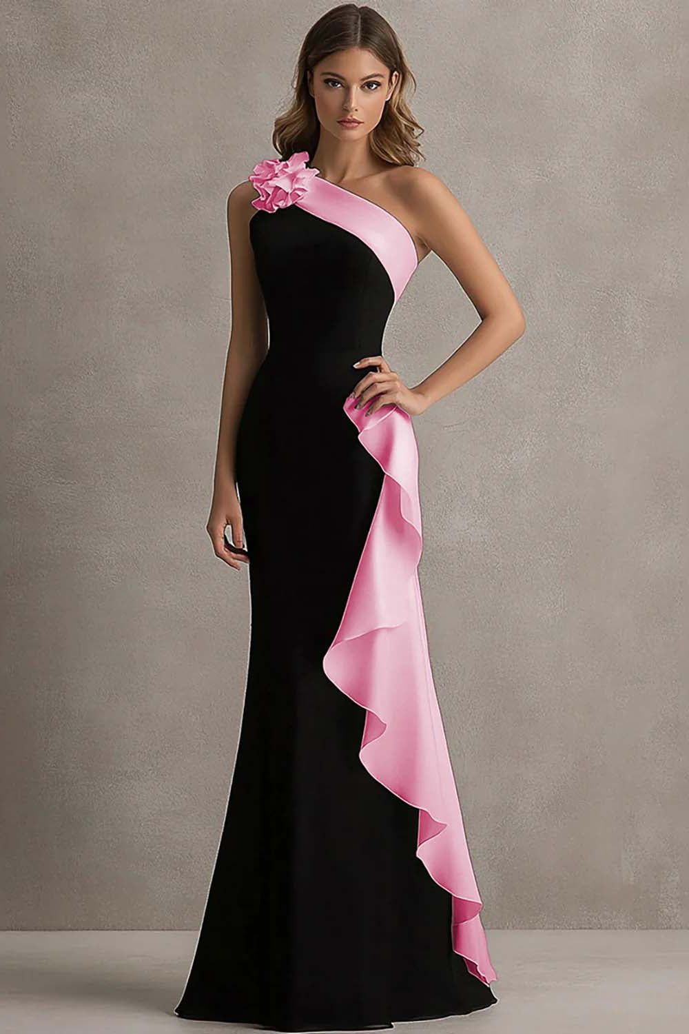 WEDTREND Women Black and Blue Mermaid Formal Dress with 3D Flower One Shoulder Sleeveless Ruffled Long Evening Dress, Black and Pink / US2
