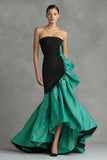 Black and Green Ruched Strapless Mermaid Formal Dress with Ruffles
