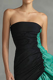 Black and Green Ruched Strapless Mermaid Formal Dress with Ruffles
