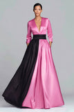 Black and Fuchsia Satin A-Line Long Sleeves Long Formal Dress