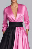 Black and Fuchsia Satin A-Line Long Sleeves Long Formal Dress
