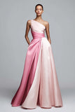 Pink A-Line One Shoulder Ruched Long Formal Dress