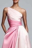 Pink A-Line One Shoulder Ruched Long Formal Dress