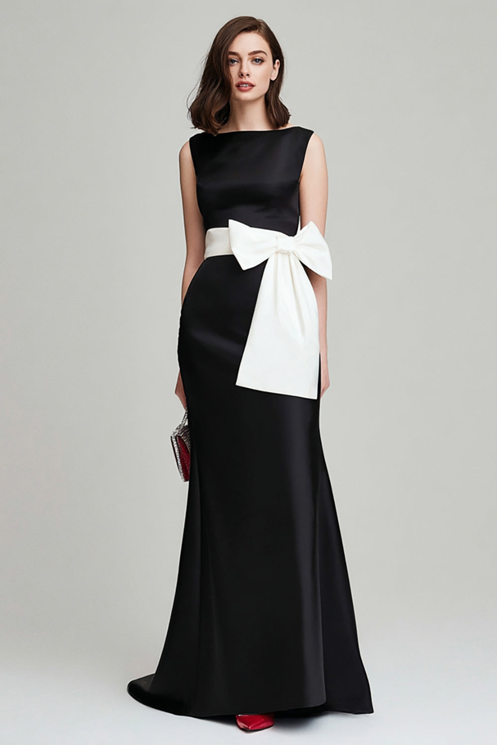 elegant black and white evening dresses WEDTREND Women Black and White Formal Dress with Bow Sheath Bateau Neck Sleeveless Long Evening Dress