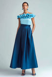 Off The Shoulder Blue A-Line Formal Dress With Ruffles