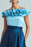 Off The Shoulder Blue A-Line Formal Dress With Ruffles
